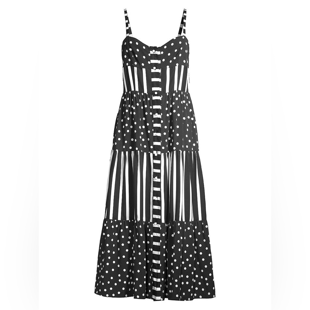 Solid & Striped Women's Black Tiered Polka Dot And Striped Midi Dress size Small